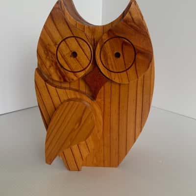 Retro Hand Crafted Wooden Owl Secret Money Box