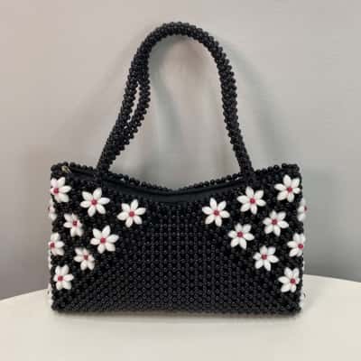  Unique beaded Floral Handbag Black  / Red / White 