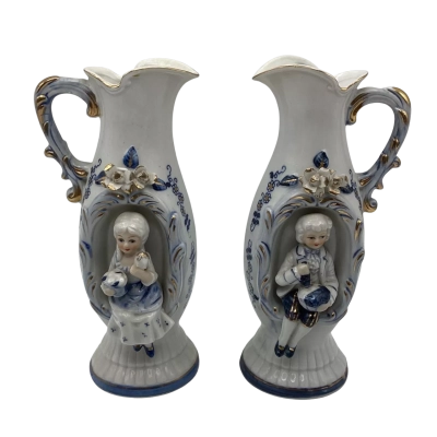 Pair of Vintage Ornate Vases, Boy and Girl, no makers marks, 18.5cm high (BRICA Shelf)