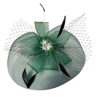 Ruby  And  Crickette  Fasinator  Green With Black Feathers