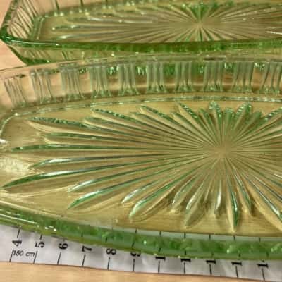 Green, Vintage, Depression glass oval trays.