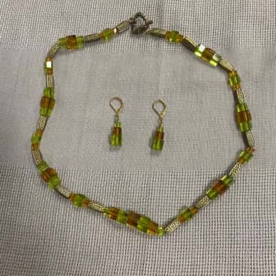  Womens Green and Amber Coloured Glass Cube Bead Necklace and Earring Set