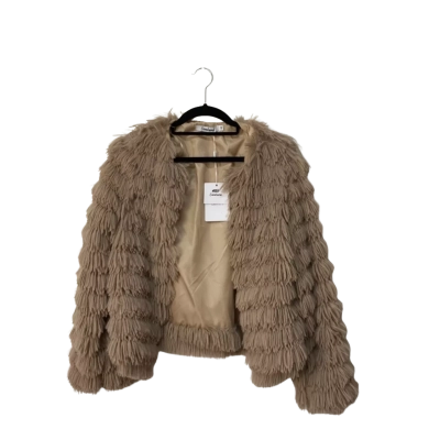 BNWT Sambara Womens Tiered Shaggy Faux Fur Jacket Size S Beige RRP110