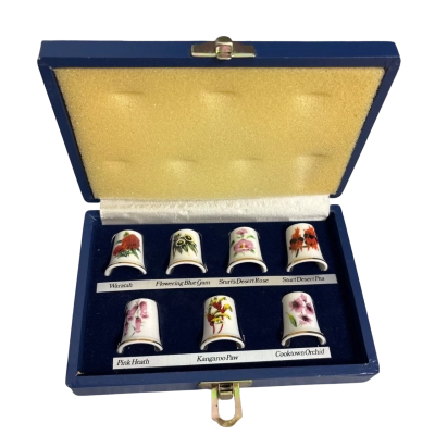 Vintage Australian Wildflower Thimble Collection Boxed Set of 7 Made in Japan