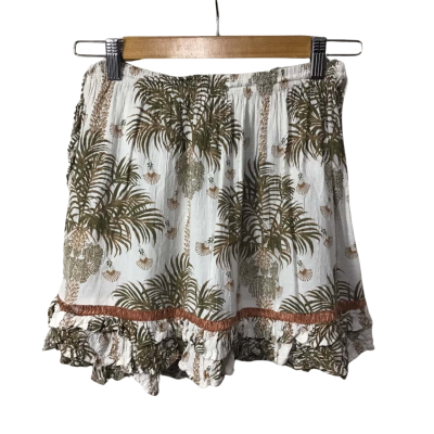Tigerlily Womens Size 8 Cream / Khaki / Brown Pattern Drawstring Waist Mini Skirt