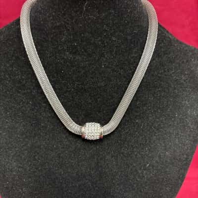  Women's Silver Tone Mesh Chain Necklace with a Crystal Encrusted Magnetic Clasp
