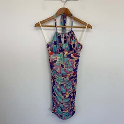Angel Biba Blue Mutiprint Halter Neck Bodycon Mini Dress  Size 10