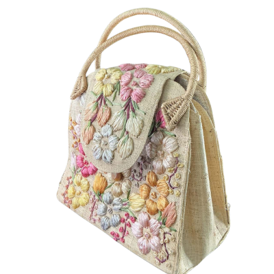  Womens vintage natural fibres/ raffia Handbag with floral detail Beige / Pink  / Yellow 