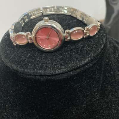  Womens Silver-Toned Bracelet Watch with pink stones