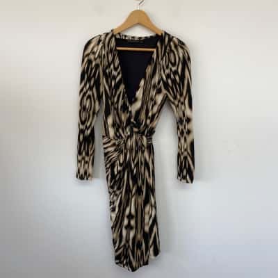 David Lawrence Black Tan Animal Print Long SLeeve Wrap Mini Dress  Size S