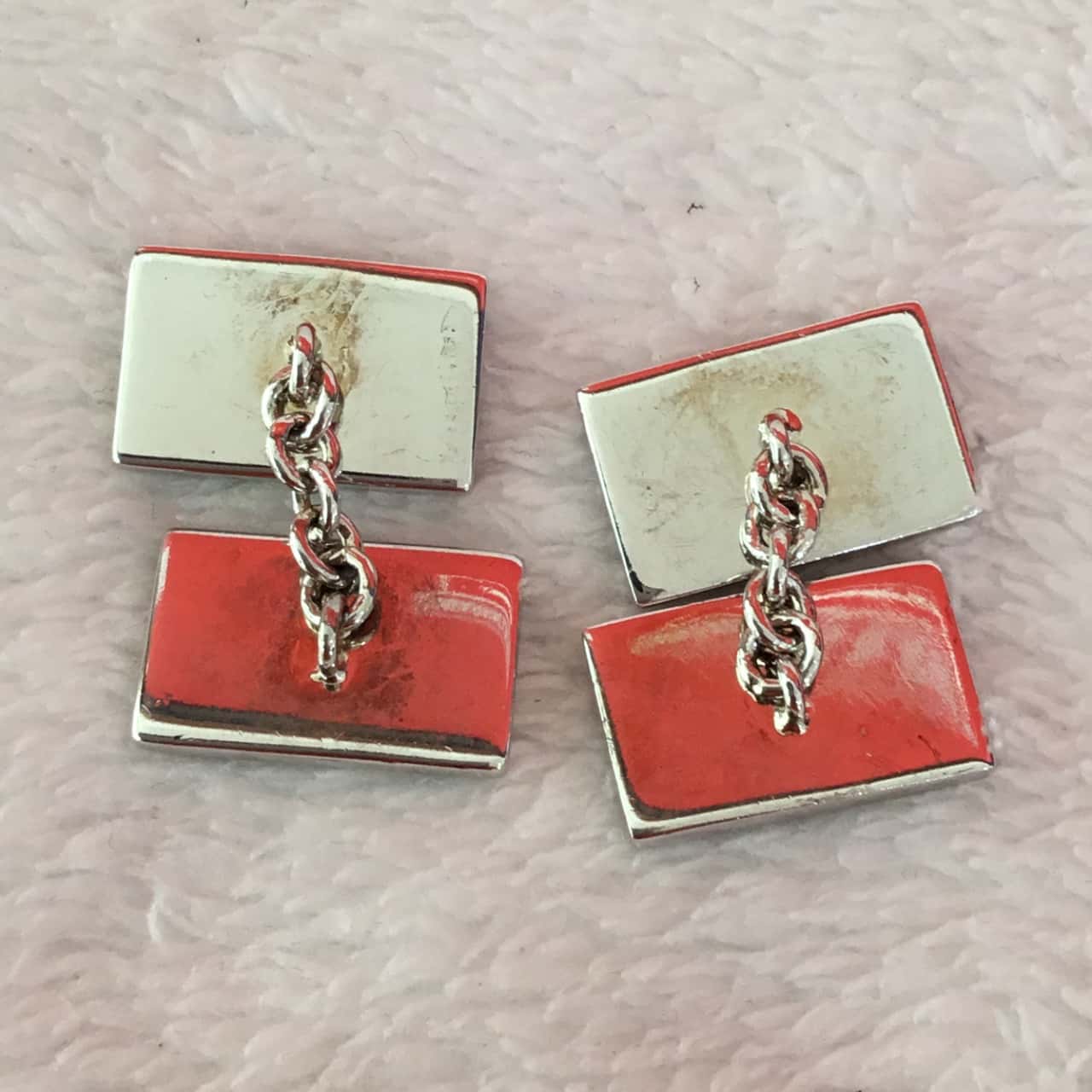 T.M. Lewin Red Enamel Silver Circles Bubbles Silver Tone Cufflinks