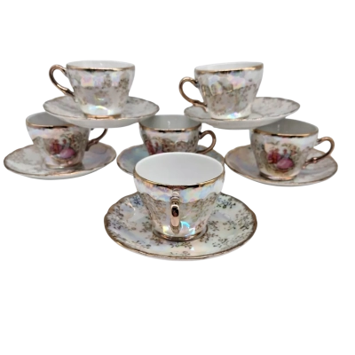 Vintage 1970s 20th century Japanese lusterware porcelain tea cups and saucers
