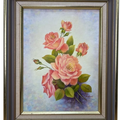 Framed Original Salmon Pink Rose Oil Painting Signed Ivy Shepherd