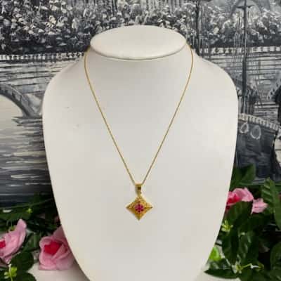 Gold plated stamped XP necklace with red crystals diamond shape pendant New