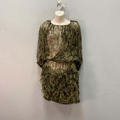 TS Three Seasons 100% Silk Womens  Size M Mini Dress Black  / Camouflage / Green 