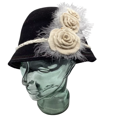 Womens Peruvian Hat, Black with Cream trim and feathers 