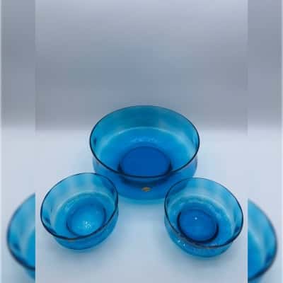Large Blue Glass Bowl with 2 Small Bowls Made in Poland