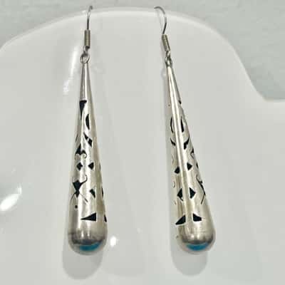 Mexico Silver Long Drop Earrings 