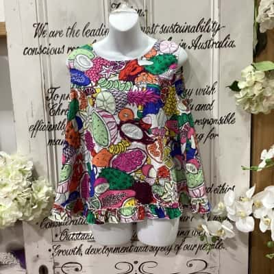 GORMAN ORGANIC BRAND! Women's  Size 14 Sleeveless Top Multicoloured / Pattern! 100% ORGANIC COTTON! GORGEOUS FRUIT DESIGN WITH FUN COLOURS! ADD FUN TO ANY OUTFIT!