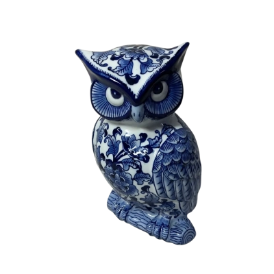 Dan Samuels White / Blue Pattern Large Ceramic Owl Figurine