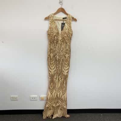 Miss ORD Gold Sequin Sleeveless Front Split Evening Maxi Dress Size XL 