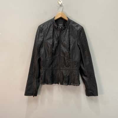Bebe Womens  Size L Leather Jacket Black Floral cut-outs
