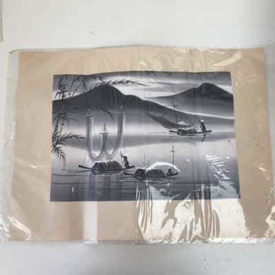Vietnamese Black ANd White Watercolor Painting On Silk Traditional Vietnamese Landscape 