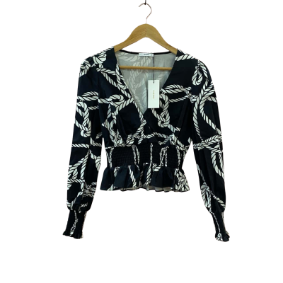 Sheike Women's Size 8 Long Sleeve Cotton Blouse Black with White Design