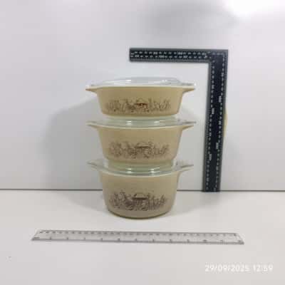 3x Pyrex Forest Fancies Casserole Oven Dishes with Lids S M L Vintage 
