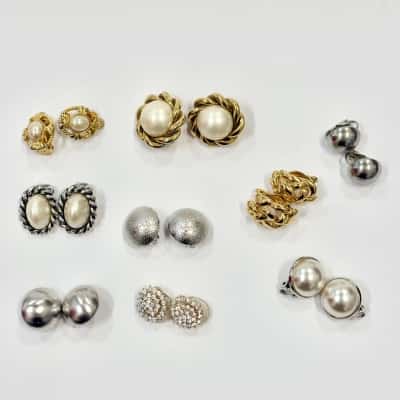 Set of 9 Silver & Gold Tone Clip on Earrings 