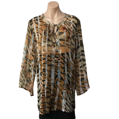 Brooklyn & Bailey Womens Size L / XL White / Brown / Black / Blue Pattern Long Sleeve Top (new)