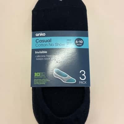 Kmart Mens Black  Cotton No Show Invisible Socks 3 Pack