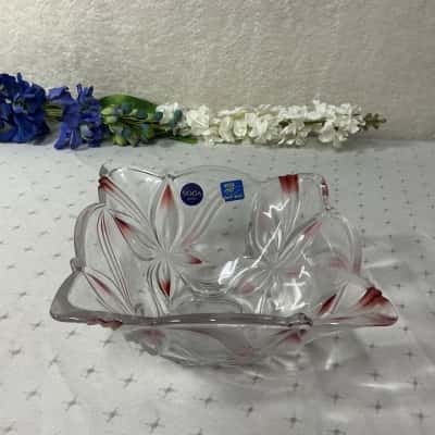 Vintage Decorative Soga Japan Clear / Red Flower Design Square Glass Dish / Bowl