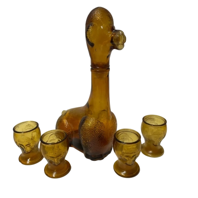 Amber Glass Poodle Decanter & 4 Glasses 