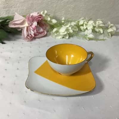 Westminster Yellow / White Geo Pattern Fine China Tennis Set Plate & Cup