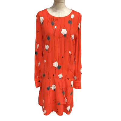 Hugo Boss Womens  Size 12 Long Sleeve Dress Grey / Red / White 