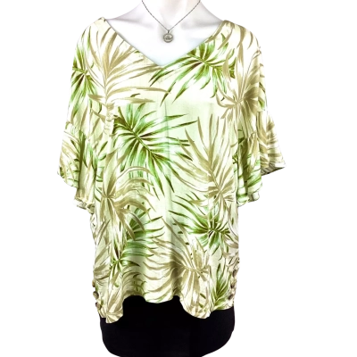 Rockmans V-Neck Top Palm Pattern Green/ White Size 16
