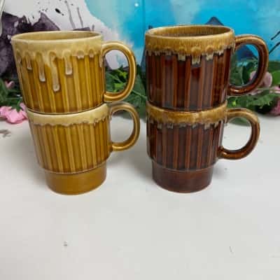 Set/4 Retro Brown Drip Glaze Stackable Mugs