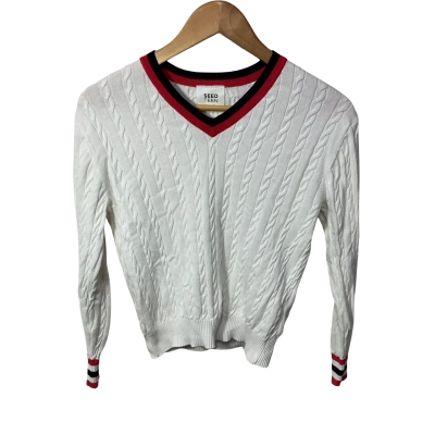 Seed Teen Girls Size 10 White with Navy Blue / Red Stripe Trim Cable V-neck Jumper