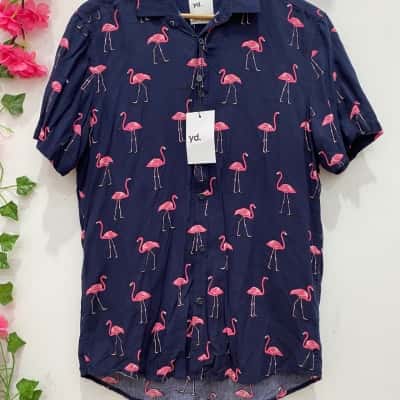 Yd. Mens Size S Navy Blue short sleeve flamingo shirt