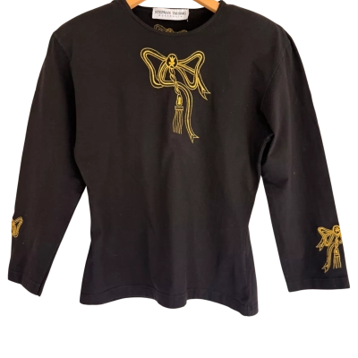 Stephan Taussig Australia. Vintage 80s Black with Gold Thread Embroidery Top.  Size L 