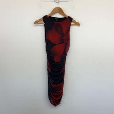 Boohoo Black Red Printed Ruched Mini Dress Size 12