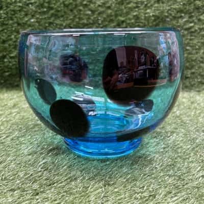 Vintage Art Blue Glass Bowl With Black Spots 