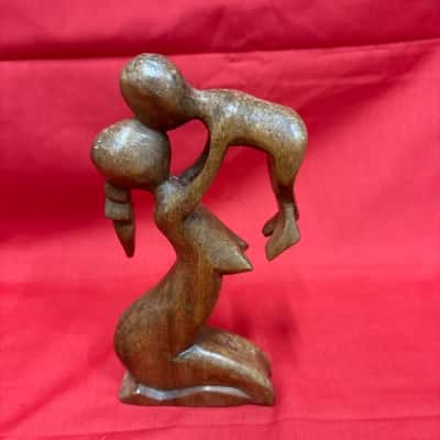 Hand Carved Wooden Abstract Mother and Child Sculpture 