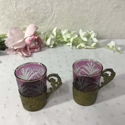 Set of 2 Vintage Decorative Cranberry Glass Turkish Coffee Cup in Floral Metal Holder