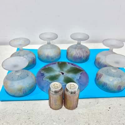 All-Rama Hand Painted Glasses Plate & Salt &  Pepper Shakers 