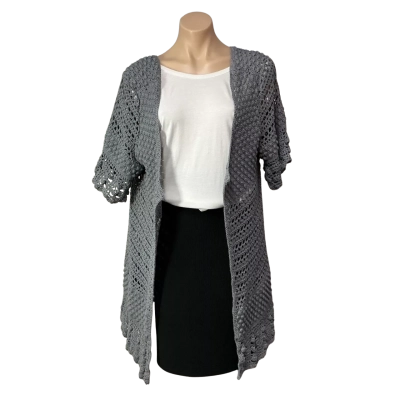 Womens approx Size S Grey Crochet Pattern Short Sleeve Long Open Cardigan 