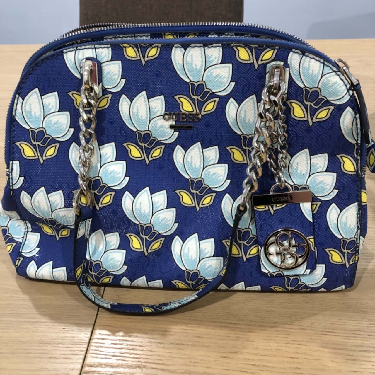 blue floral handbag