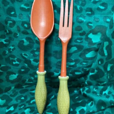 Red Wooden Salad Servers with Ceramic Handles