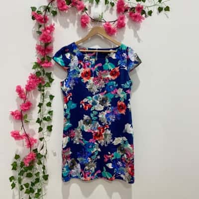 Portmans Womens  Size 14 Casual Dress / Short Sleeve Dress  Blue / Multicoloured / Pattern 